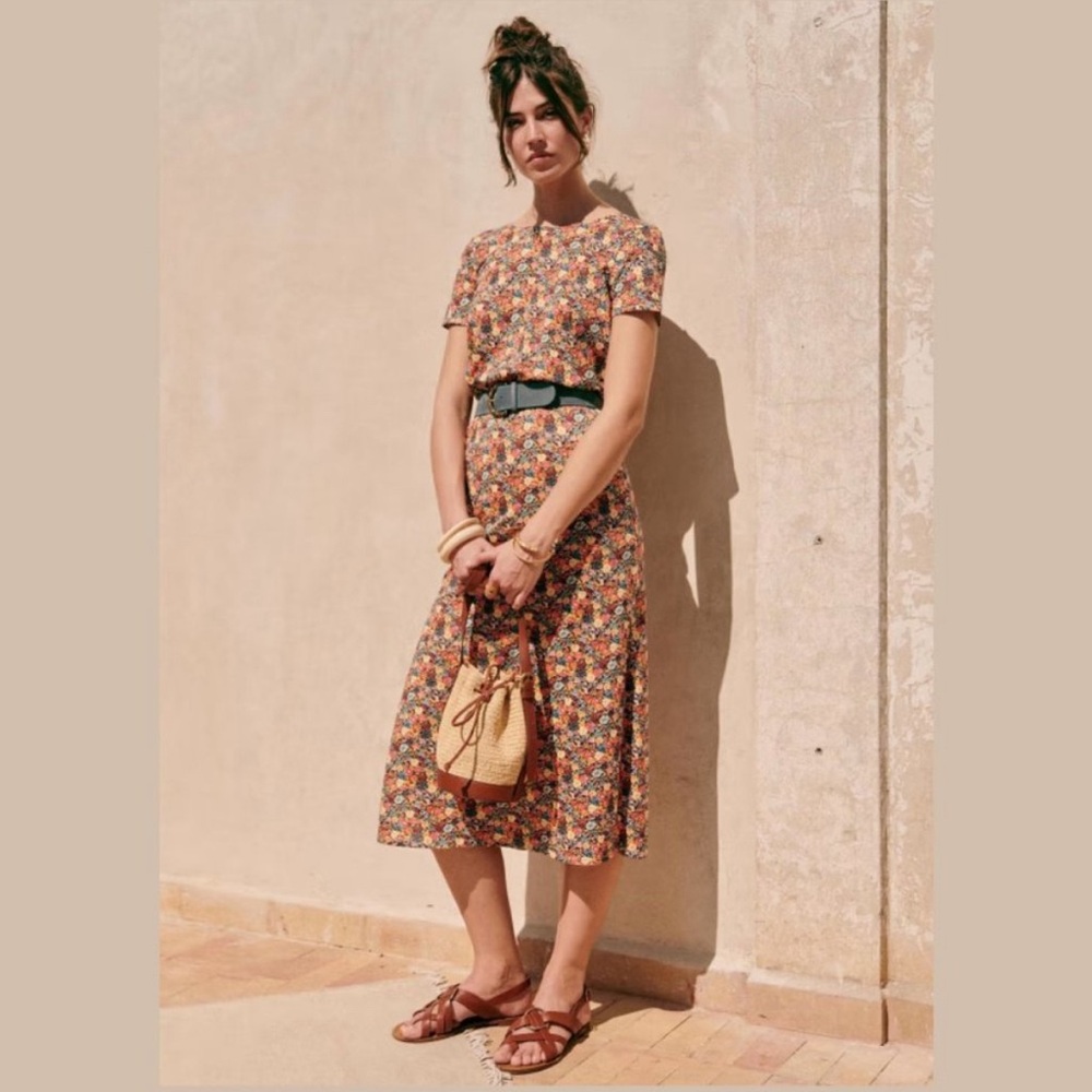 Sezane Small Floral Midi Dress in Orange and Cream